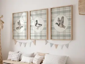 Mallard Duck Print Set of 3, Boy Nursery Wall Art, Printable Gingham Wall Decor, Green Vintage Farmhouse Poster, Cottage Animal Artwork