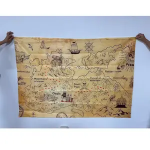 2D flat banner, 1pcVintage Sepia Pirate Treasure Map Decorative Print, Aged Appearance with Hand-Drawn Illustrations, Featuring Mountains, Oasis, Skull Peak, and Sailing Ships, Perfect for Nautical Themed Rooms, Adventure Decor, and Historical Coll