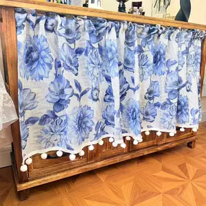Fresh Blue Peony Cabinet Curtain No Drilling Required, Cotton Linen Dustproof Curtain, Fuzzy Fringe Cover Up Curtains