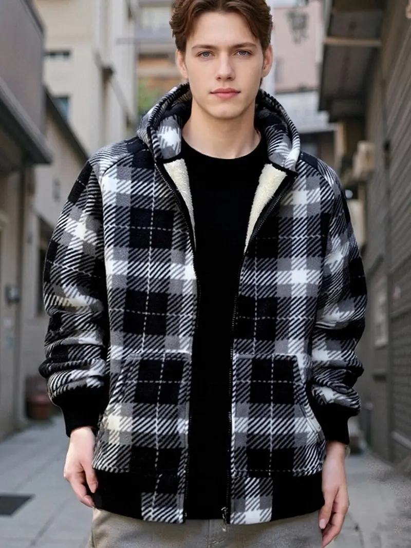 Men's Thick Flannel Plaid Jacket with Fleece Lining Hooded Zip-up Winter Warm Coat, Buffalo Plaid Shacket california outfit tiktok shop deals