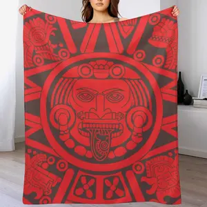 Maya Aztec Tribal Mexico World Cup Flannel Throw Blanket, 280g Warm Cozy Blanket with Red Black Geometric Design, Ideal Gift for History & Art Lovers, Soft Blanket for Couch Bed
