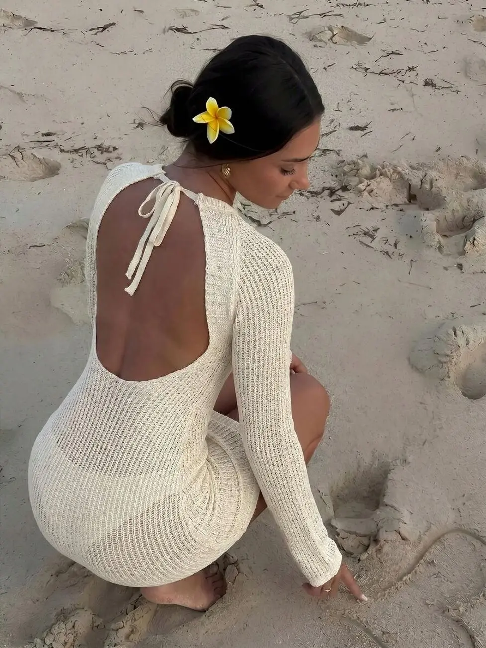 Women's Sheer Knit Sweater Dress, Backless Tie Flare Long Sleeve Mini Dress for Beach Resort Vacation