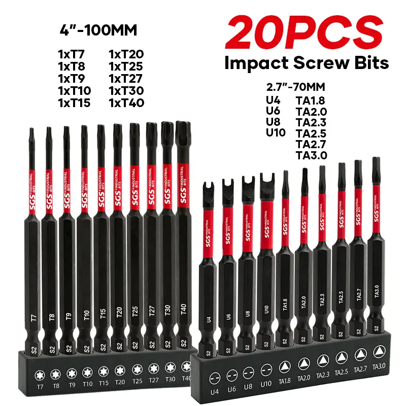 20 Pcs Industrial Premium S2 Alloy Steel 60-62 HRC Hardness Torx/U-shaped/Triangular Screwdriver Bits Set, Impact And Wear-Resistant, Anti-Slip Magnetic Drill Head, 1/4" Shank With Black Base, For Woodworking, Home Repair, Offices And DIY Use