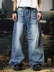 Men's Light Blue Washed Straight Leg Jeans, Vintage Y2K Style, Simple Versatile Denim Jeans, Suitable for All Seasons