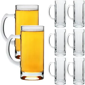 Glass Beer Mug Set of 8, Clear 16 OZ Glass Beer Mugs with Handle, Heavy Mugs with Straw, Large Freezer Beer Drinking Glasses for Juice, Coffee, Tea