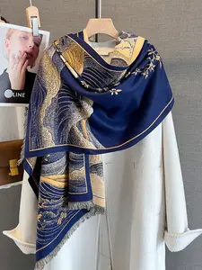 Autumn Winter National Style Lotus Sea Wave Print Scarf, Casual Soft Scarf, Warm Neck Warmer Shawl, Perfect for Travel Dating Fashion Decoration