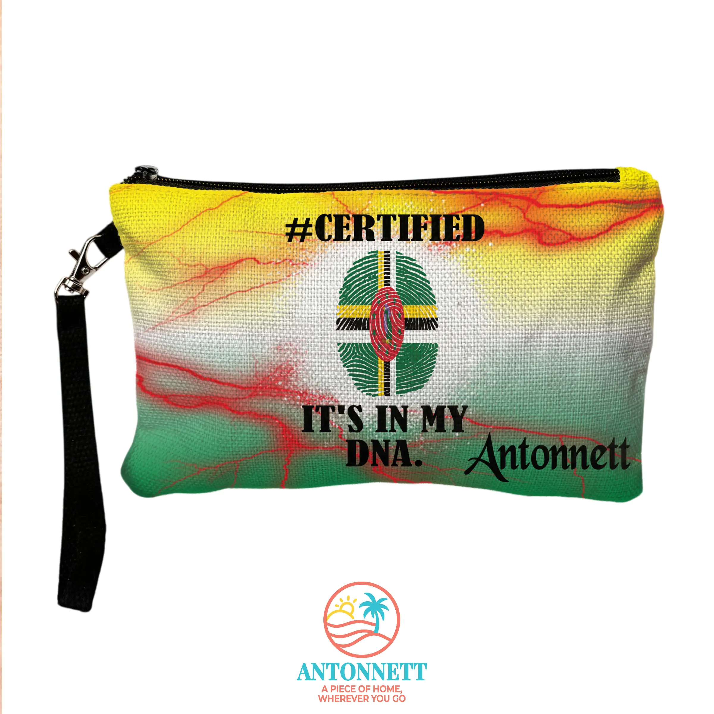 Antonnett “Certified: It’s In My DNA” Personalized Linen Pouch with Detachable Wristlet – 9.2x6 in., Caribbean‑Inspired Everyday Carry Bag, Custom Name in 12 Fonts, Soft Linen Gift Pouch