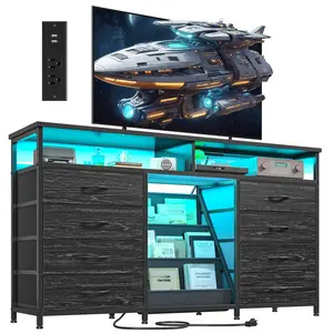 RaybeeFurniture TV Stand Dresser for 65" TV with Power Outlet and LED Lights, TV Stand for Bedroom with Bookrack & 8 Fabric Drawers & Shelves, Entertainment Center for Living Room