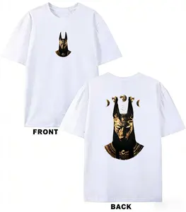 Dark-themed crew neck T-shirt featuring a print of "Anubis," the guardian deity and guide of the underworld made from ancient Egyptian mummies. Perfect for summer outdoor wear, breathable and comfortable, with a slightly dropped shoulder design.