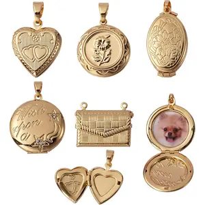 5 Pcs 5 Styles Brass Locket Pendants Photo Frame Charm for Necklace Heart Photo Frame Charm Pendants for DIY Memorial Necklace Making