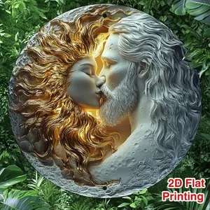 Vintage Aluminum Wall Art Decor with Golden Hair Bearded Figure and Detailed Engraving 8x8 Inch Round Sun Moon Sign for Home Living Room
