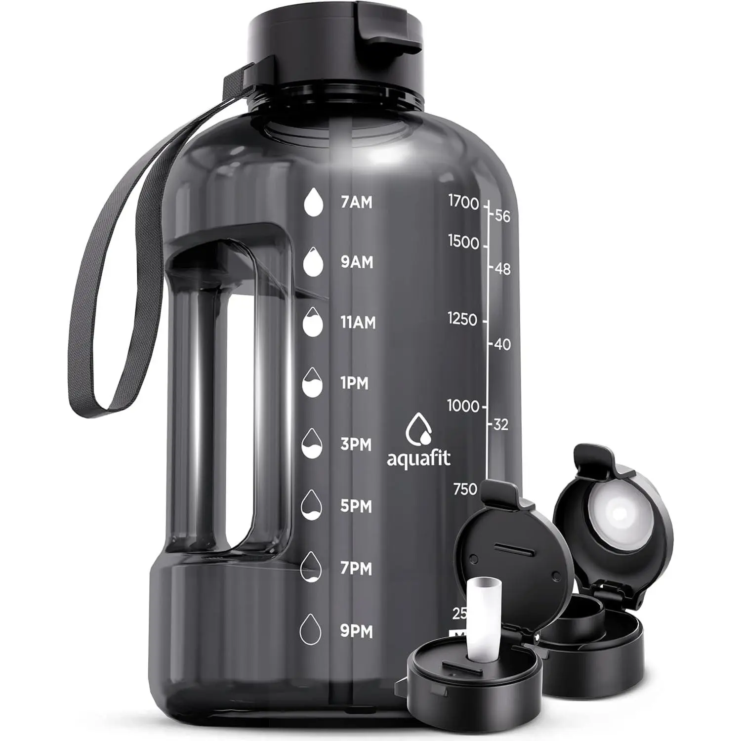 64 oz Water Bottle with Time Marker - Straw & Chug Lid - BPA Free Half Gallon Gym Water Bottle with Handle - Big Gallon Jug (Gray, 64 Ounces)