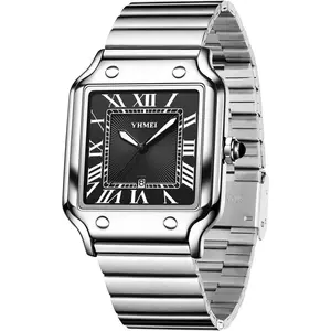 Unisex Classic Square Roman Numerals  Analog  Watches for Women Men Stainless Steel Strap Date Display Casual Wristwatch