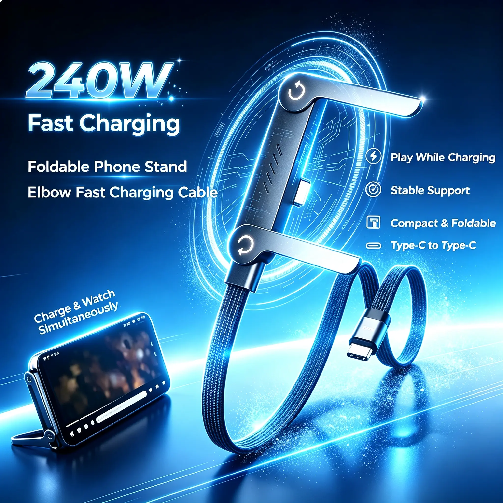 240W Durable Invisible Stand USB-C to USB-C Flat Charging Cord - 90-Degree Angled, Sideways Holder, Adapter Connector for Mobile Devices