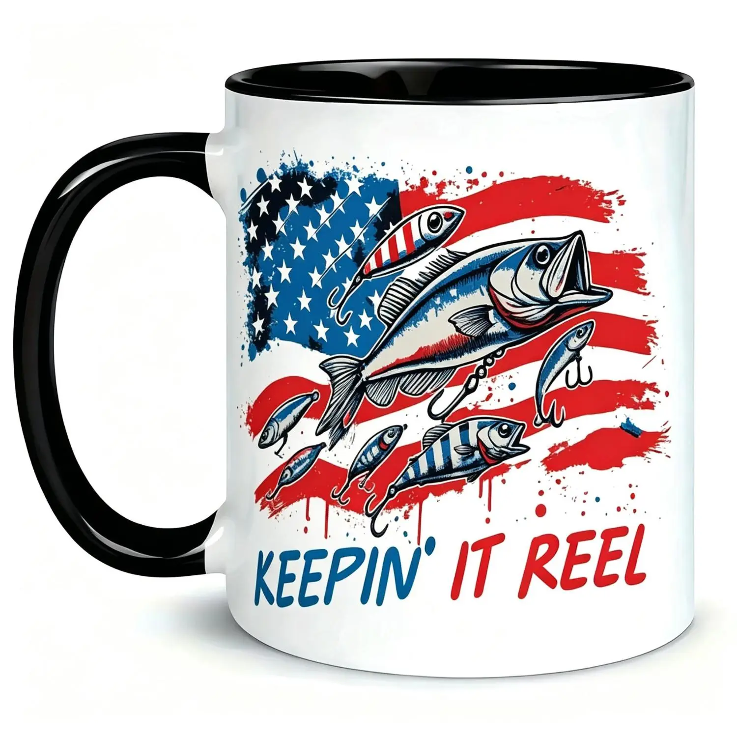 Keepin' It Reel Fishing American Flag Coffee Mug, Patriotic Fisherman Gift with Bass Fish Lures, 11oz Funny Fishing Lover Ceramic Cup, USA Flag Angler Drinkware