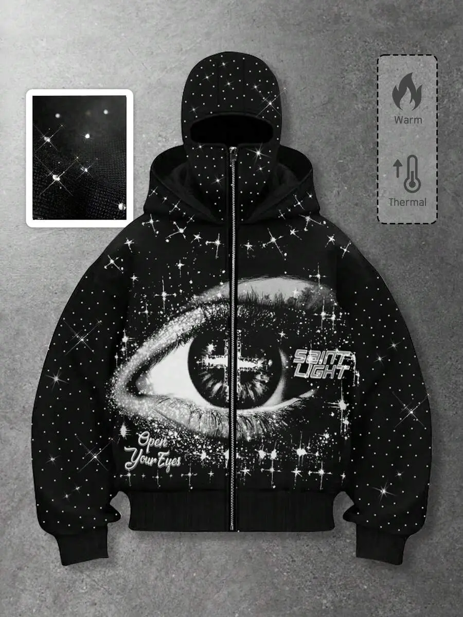 MEN Street Life Spring Casual Graphic Men's Punk Street Style Graphic Print Rhinestone Decor Zip-Up Hooded Sweatshirt, Autumn/Winter, Long Sleeve Top, Y2K