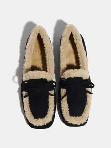 Plush Loafers Sheepskin Lined Comfortable Single Shoe, Fall Winter Commute Slip-On Warm Lazy Shoes, Square Toe Medium Width PU Leather