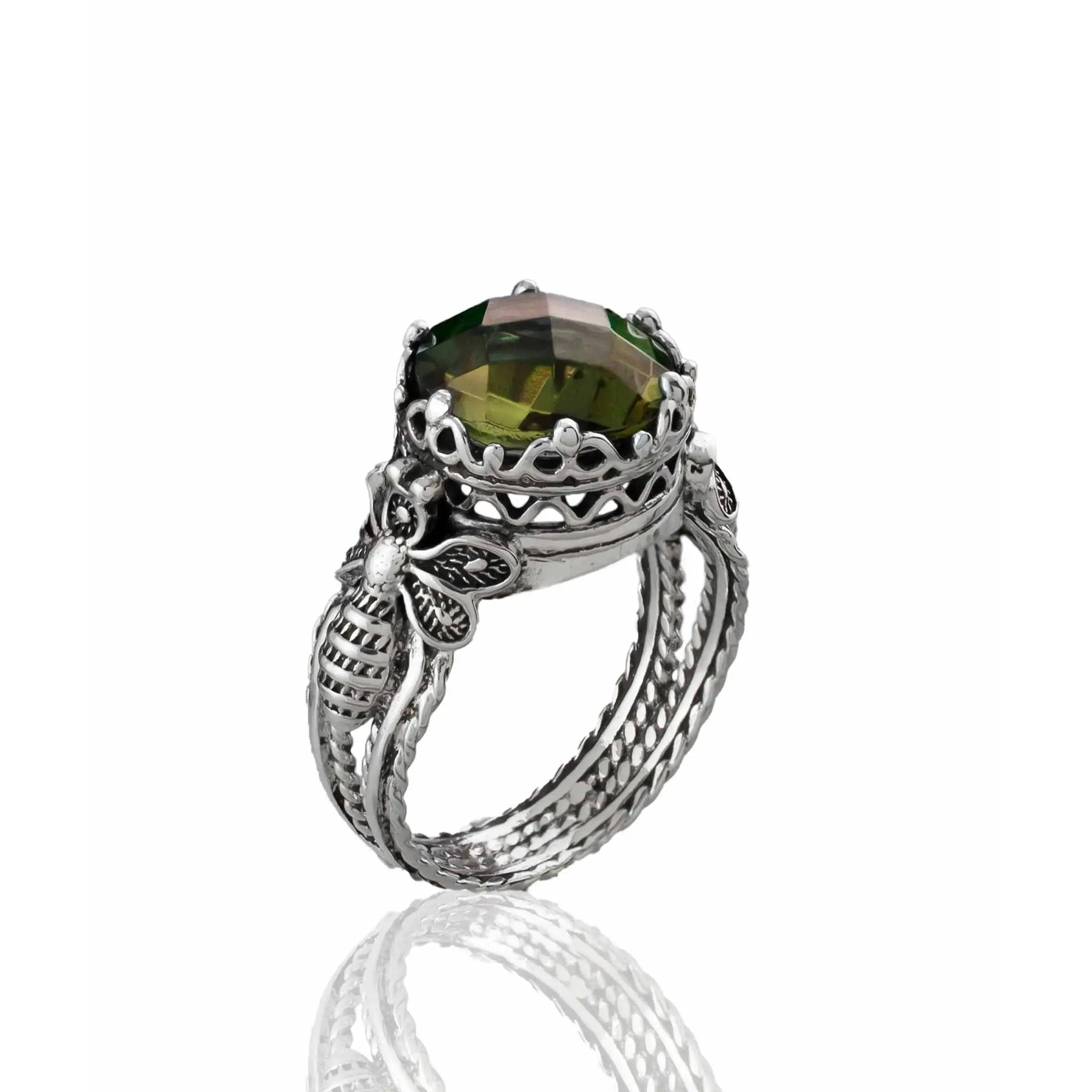 Bee Detailed Alexandrite Gemstone Filigree Art Women Silver Cocktail Ring
