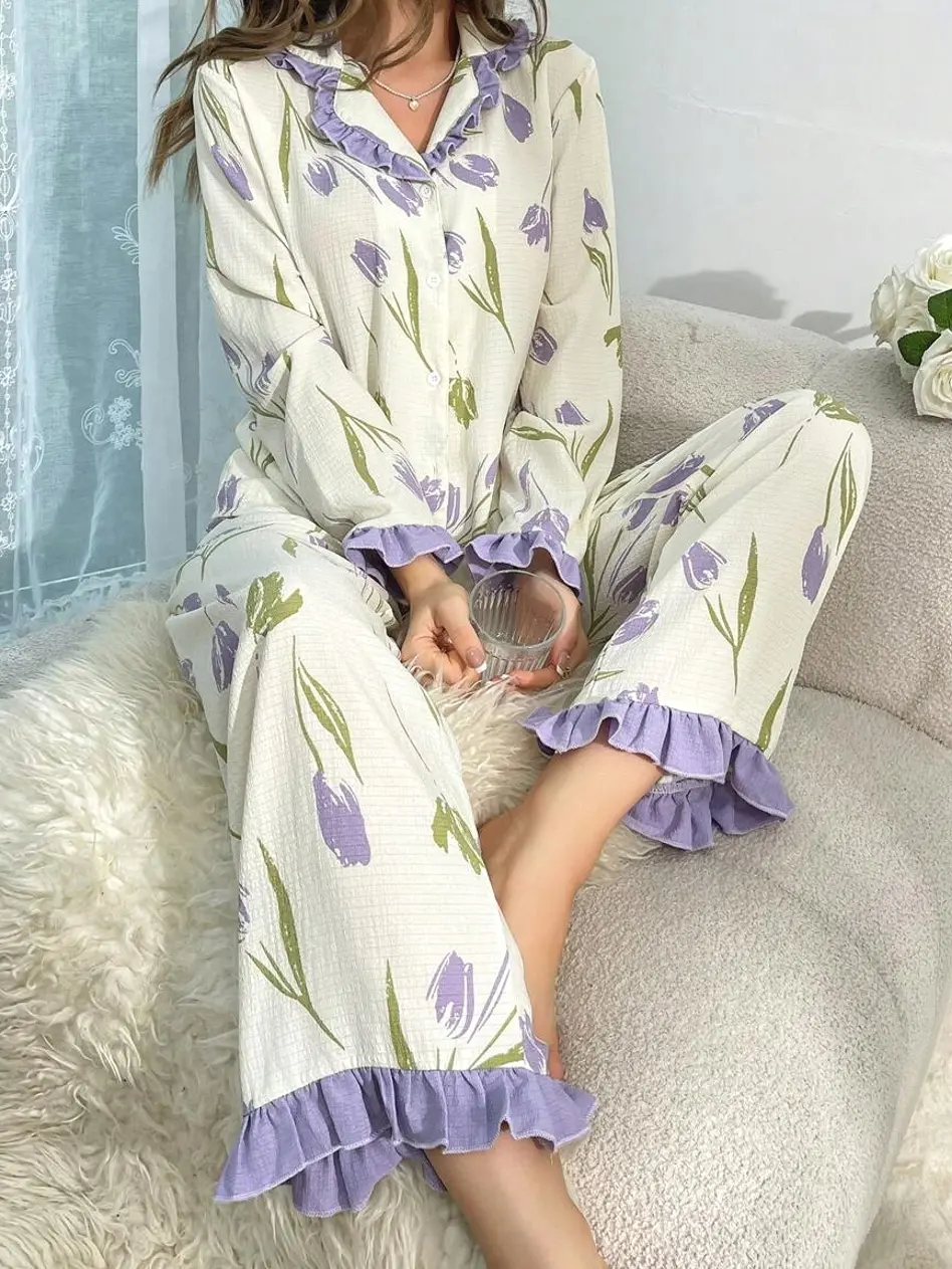 2-Piece Women's Tulip Print Pajama Set with Long Sleeve Button Front Top and Pants