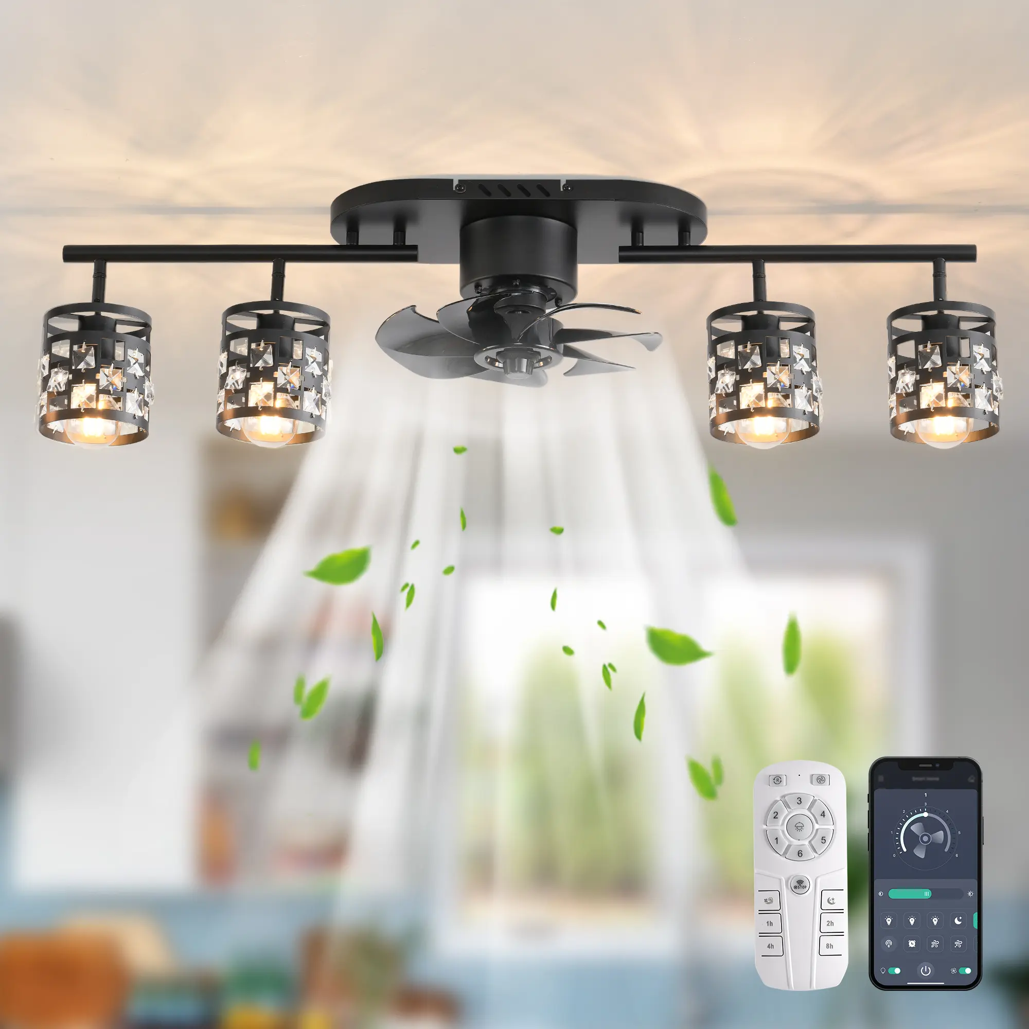 Ceiling Fans with Lights and Remote, 39.3" Kitchen Ceiling Fan, 360° Rotatable Lampheads Bladeless Black Flush Mount Fanslight for Bedroom Dining Decorative Lighting