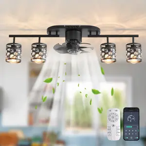 Ceiling Fans with Lights and Remote, 39.3" Kitchen Ceiling Fan, 360° Rotatable Lampheads Bladeless Black Flush Mount Fanslight for Bedroom Dining Decorative Lighting