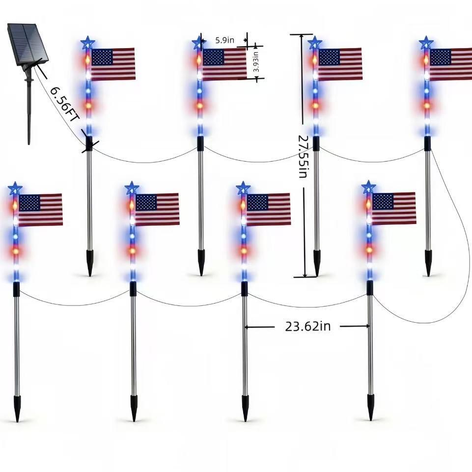 8-Piece Flag Light Set, 4th of July Decorations 8 Lighting Modes, 8-in-1 American Flag Solar Lights, Memorial Day Decorations Featuring Red, White, and Blue Lights for Independence Day Pathway Garden Decorations Yard Pathway