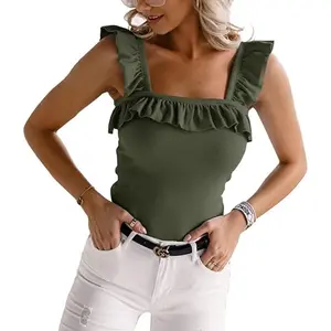 Beotyshow Womens Cute Sleeveless Tank Tops Ruffle Strap Square Neck Blouse Solid Color Knitted Camisole