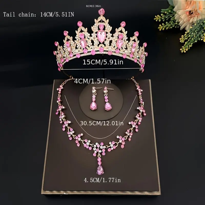 3pcs/setCrystalBridalTiaraAndCrownEarringsNecklaceJewelrySetForWomenPrincessGirls,JeweledWeddingTiaraForBride,Birthday,Cosplay 3pcs/setCrystalBridalTiaraAndCrownEarringsNecklaceJewelrySetForWomenPrincessGirls,JeweledWeddingTiaraForBride,Birthday,Cosplay