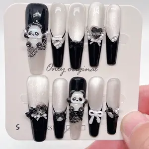 10pcs Black Press-On Purely Hand-Wear Fall French Cat Eye Nails - 40 Long Coffin Reusable Fake Nails with Bear, Bow, Heart, Easy Apply Nail Art for Women, Perfect Gift for Parties Weddings Everyday