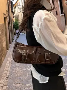 Y2K Patent Leather Baguette Bag for Women, Retro Double Buckle Pocket Shoulder Bag with Glossy Finish, Versatile for Casual Daily & Party, Multiple Color Options, Handbag Shoulder Bag, Shoulder Bag Purse