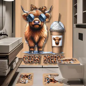 1/4 piece cow patterned bathroom set with sunglasses, 4-piece set including single shower curtain, non slip floor mat, toilet U-pad, toilet lid pad, with shower curtain hook, belonging to bathroom decoration products