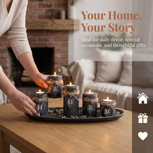 5 Piece Rustic Wooden Candle Holder Set, Home Letter Design, Polished Finish, Table Decor, Dinner and Home Atmosphere, No Wax Included
