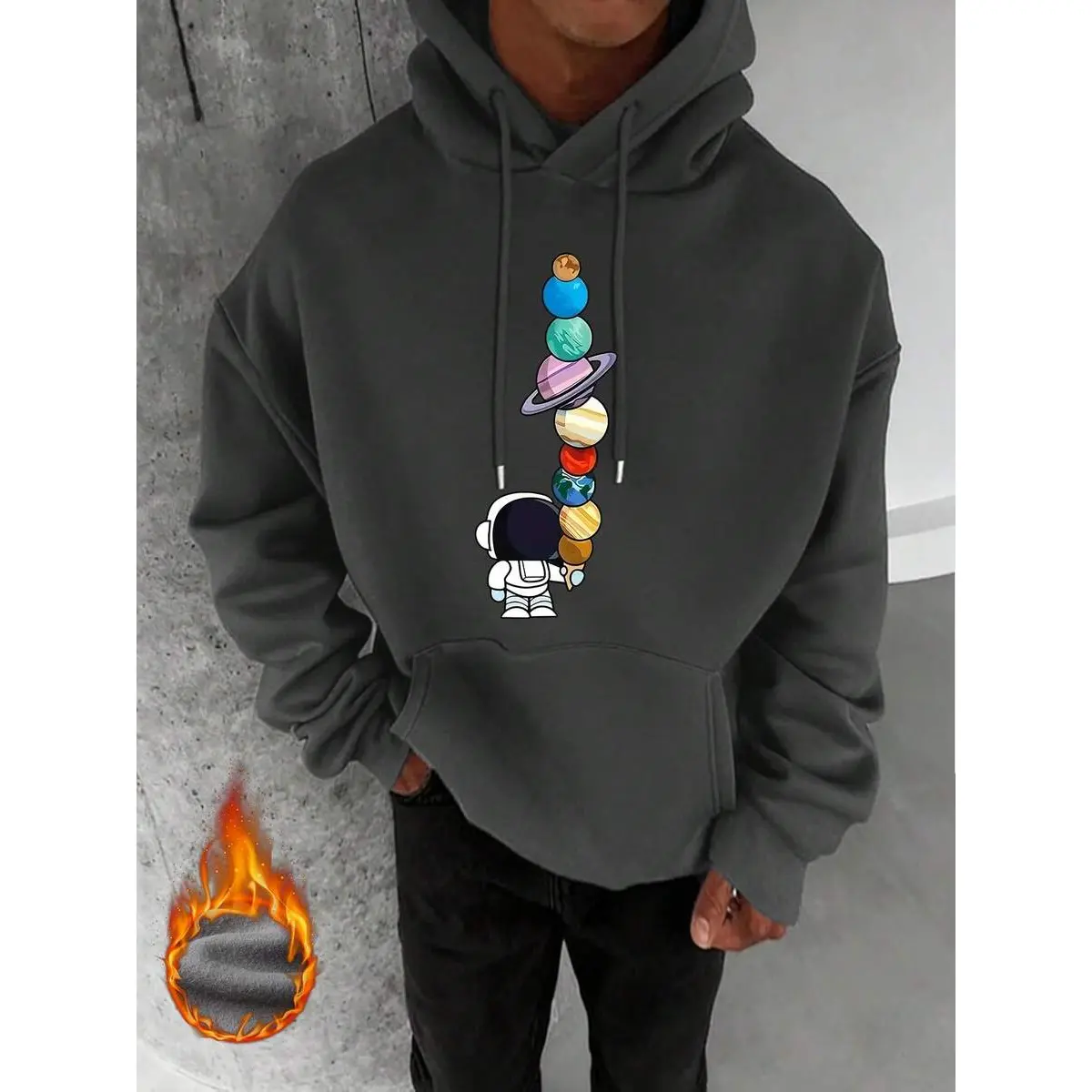 Men's Fitted Classic Planet Print Kangaroo Pocket Long-Sleeve Pullover Hoodie - Cozy Autumn-Winter Menswear Top for Casual Athleisure Streetwear