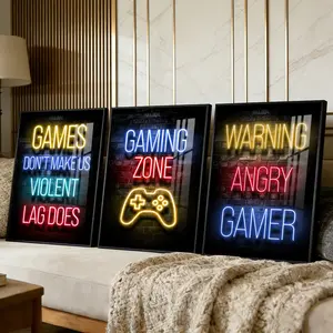 3 Counts Aluminum Alloy Framed Painting, Neon Gaming Zone Poster With Game Controller Wall Art, Home Decoration For Living Room, Bedroom, Office, Restaurant, Hallway Wall Decor, Odorless Print Artwork, Luxury Perfect Gift For Friends And Family
