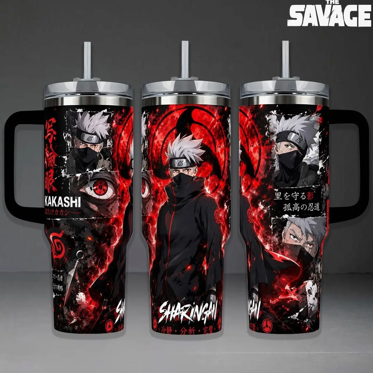 Kakashi Hatake "Sharingan" Tumbler, 20oz & 40oz Insulated Travel Mug with Handle. NRT Anime Art Cup, Intense Red Eye Ninja Design, Perfect Gift for Naruto Fans and Anime Collectors