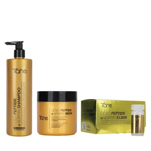 Tahe Keratin Gold Peptide Kit - Shampoo 500ml + Mask 400ml + Elixir Gold Peptide 6x10ml - For Damaged Hair
