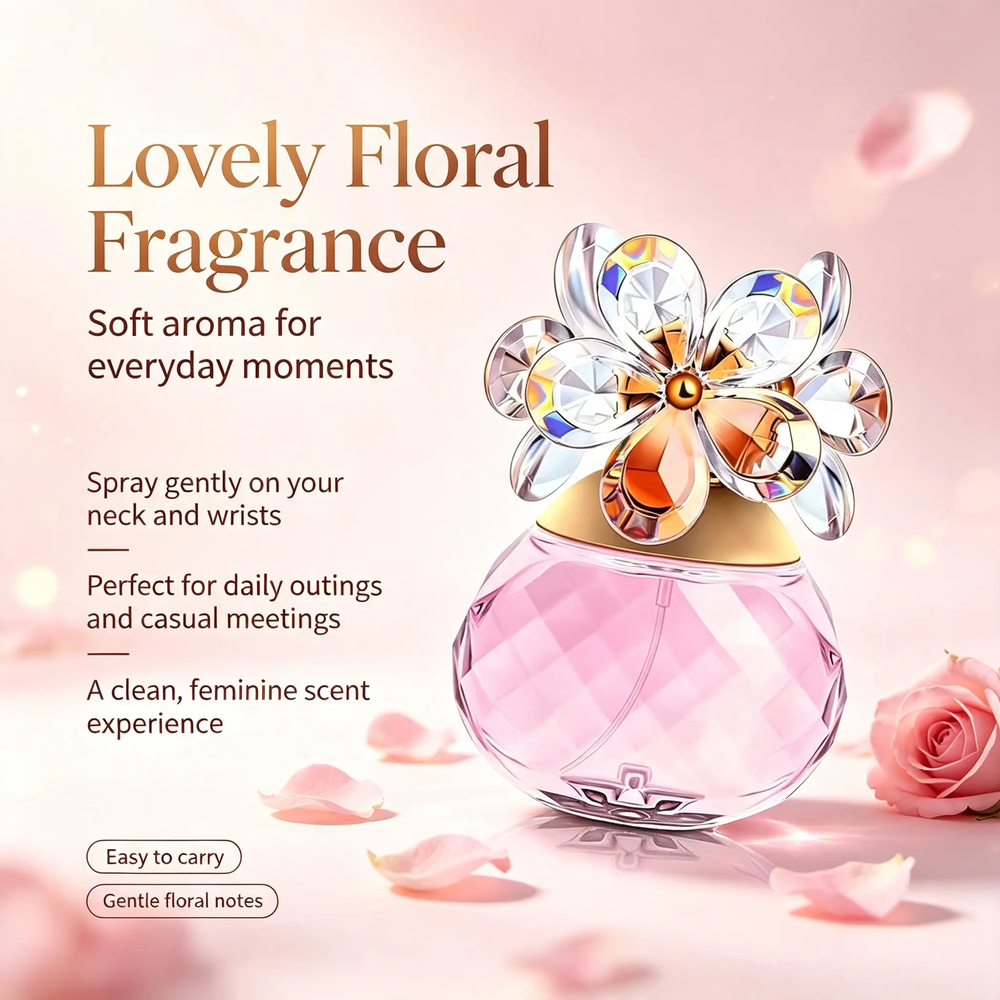 Crystal Flower Cap Perfume for Women, Elegant Floral Eau de Parfum Spray, Pink Diamond Cut Glass Bottle Fragrance, Ideal Holiday & Dating Gift for Her, 3.4 Fl Oz / 55ml