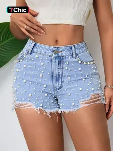 16076# Elegant Casual Women's Summer Jeans Shorts, Rhinestone Fringe Slim Fit, Solid Pattern, Stylish and Comfortable