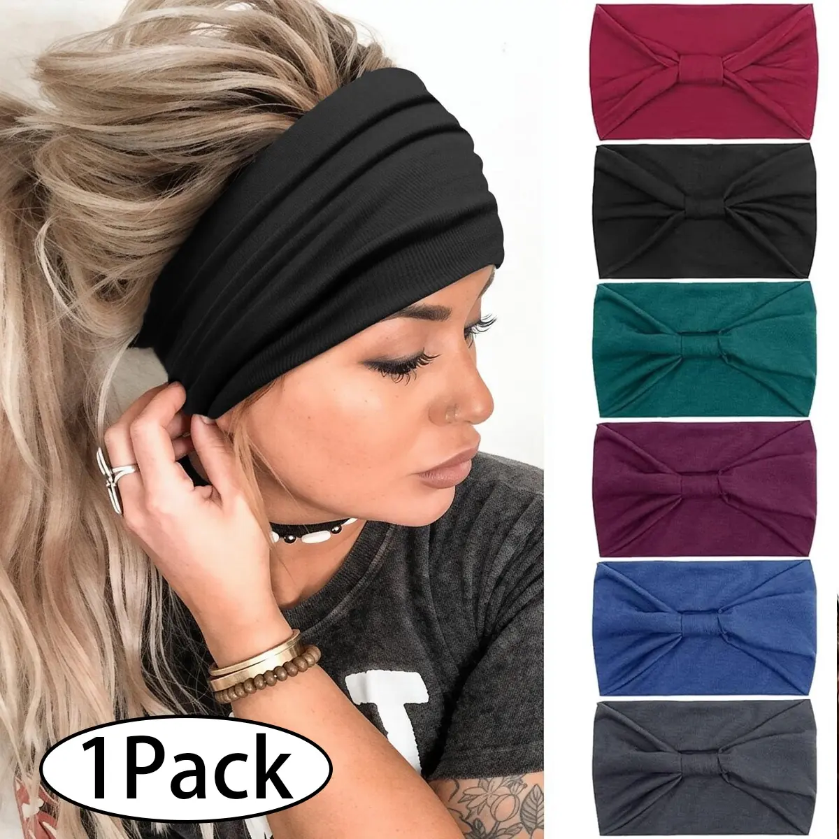 1Pc Wide Headbands for Women, Extra Large Turban Headband Boho Hairband Thick Cloth Fabric Head Bands Hair Accessories Headbands for Women African Boho Wide Hairband Headband Knotted Head Wraps Turbans Hair Accessories Workout Headband Adjustable Headband
