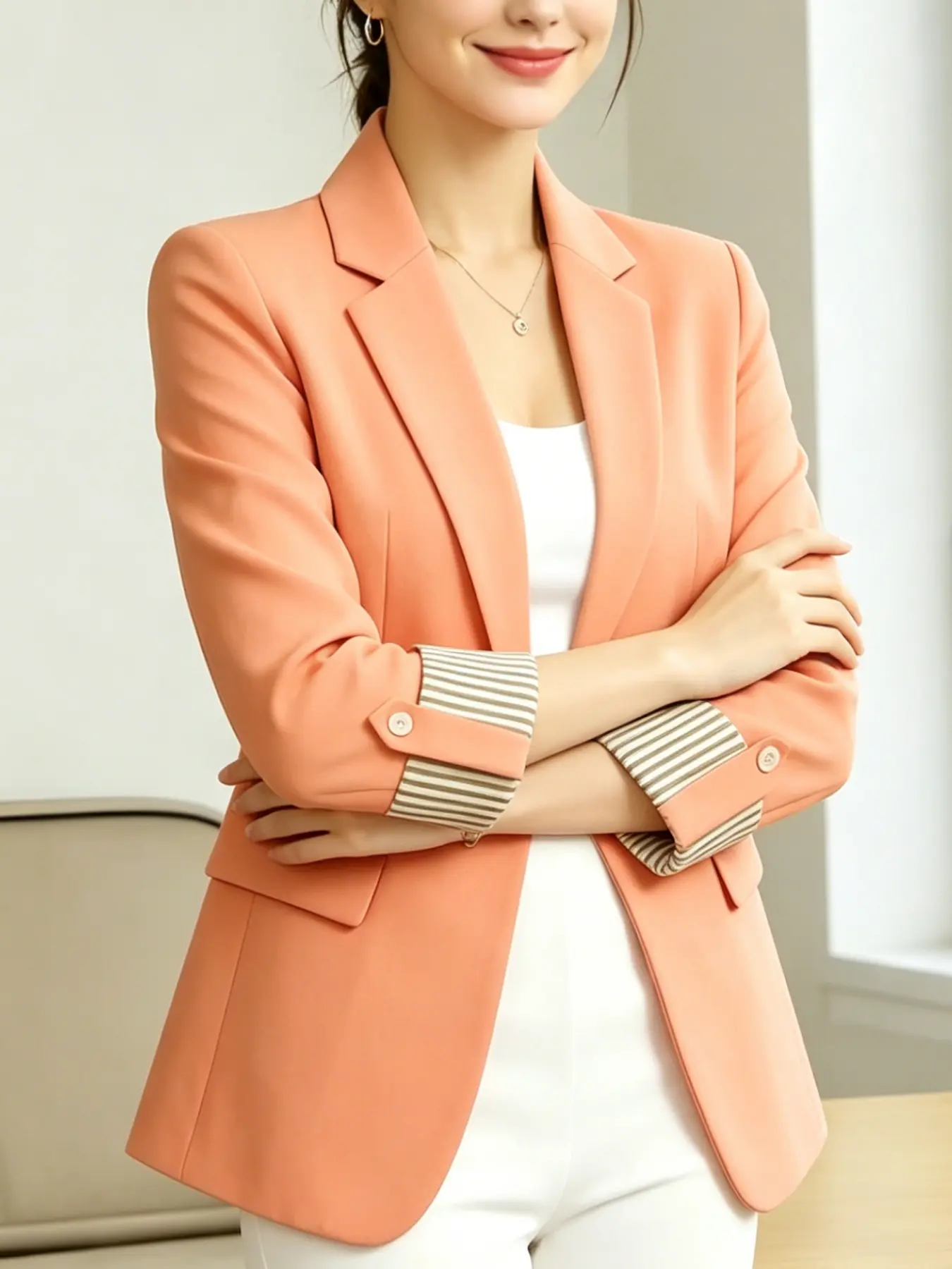 A fashionable women's coral folding striped seven quarter sleeved trendy blazer suit jacket, suitable for commuting to work, shopping, outdoor activities, indoor and outdoor dressing