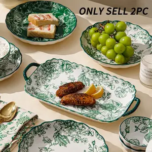 Set of 2 12-Inch Double-Eared Ceramic Salad Serving Plates, Rose Pattern for Serving Wings, Fish, Steak, Dishwasher and Microwave Safe, Ideal for Home Kitchen and Parties