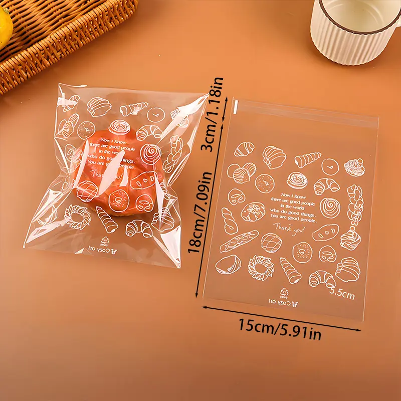 50Pcs 5.9x7 Inch Transparent Bakery Bags with Bread Print, Self-Sealing Treat Bags, Clear Plastic Cellophane Packaging for Cookies, Pastries, Donuts