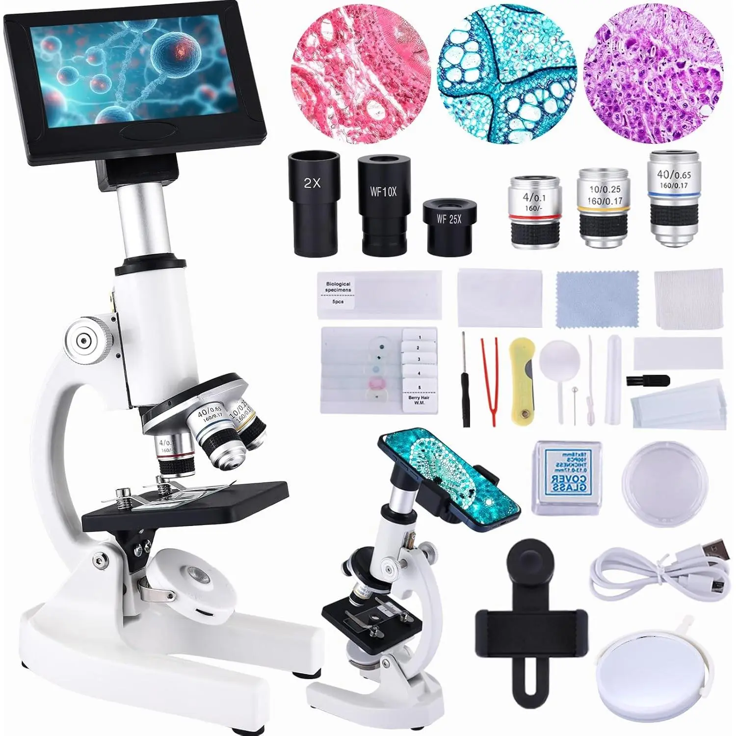Microscope 40X-2500X Magnification with 4.3-inch Display, Wide-Angle 10X and 25X eyepieces, and Built-in 5-megapixel Camera for School Labs,  Husbandry (White)
