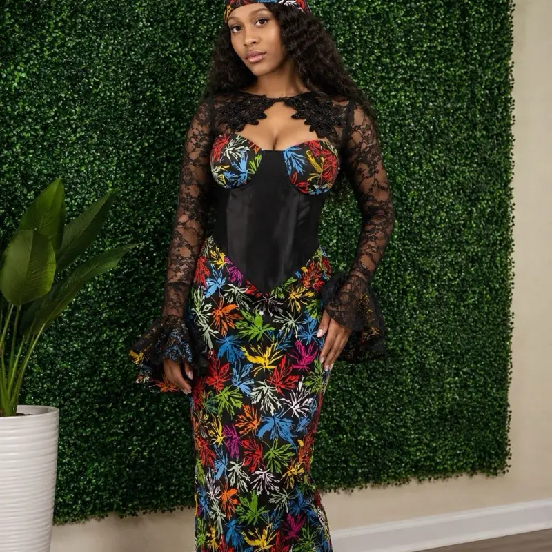 Women's Ankara Dress - Lace Sleeves, Colorful Leaf Print, Casual Lady Girly Lightweight Jacket for Stylish Outfits