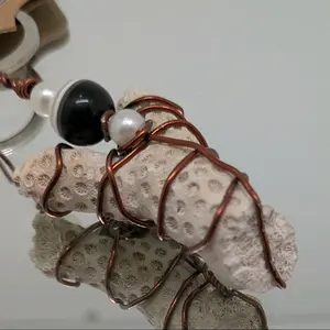 Handmade Florida Shell One-of-a-Kind Wire Wrapped Coral Keychain with Pearl Accents and Copper Wire