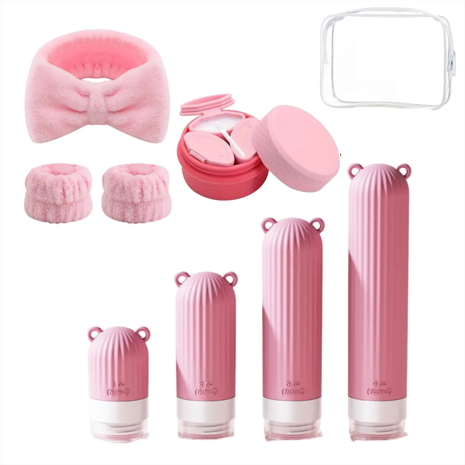 9 Pcs Cute Pink Travel Dispenser Bottles Set, Silicone Leak-Proof Toiletry Jars Containers with Clear Bag, Portable Travel Toiletry Kit for Women & Moms