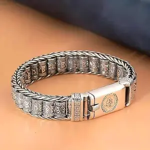 925 Sterling Silver Tibetan Prayer Wheel Bracelet for Men Spinning Six Word Mantra Cuban Chain Lucky Feng Shui Talisman Amulet Gothic Punk Jewelry Gift for Him