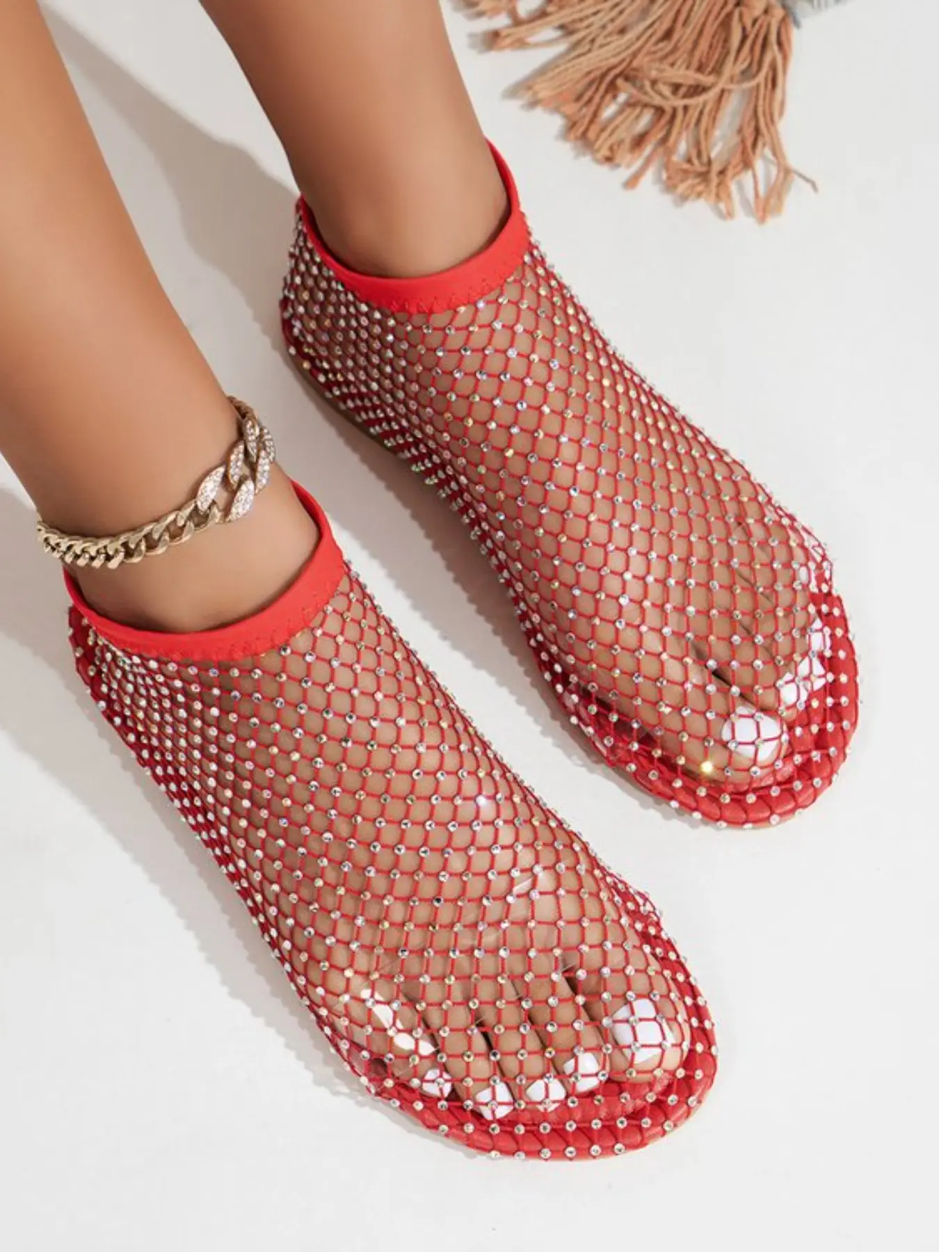 Summer New Round Toe Flat Shoes, Large Size, Rhinestone Embellished, Tie-Strap Sandals, Breathable Summer Footwear, Casual Mesh Fabric, Hollow Out Design, Rubber Sole, Medium Width, Fashionable Flat Sandals, Breathable