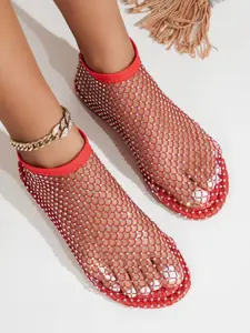 Summer New Round Toe Flat Shoes, Large Size, Rhinestone Embellished, Tie-Strap Sandals, Casual Mesh Fabric, Hollow Out Design, Rubber Sole, Medium Width