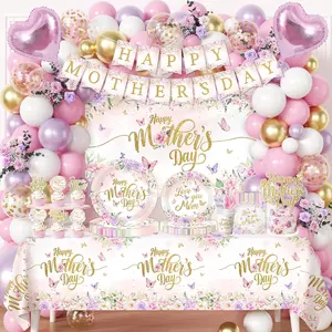 259Pcs Mothers Day Decorations for Party - Purple and Pink Floral Happy Mother's Day Paper Plates and Napkins Mothers Day Balloon Arch,Banners,Cake Toppers for Best Mom Ever Party Favor 24 Guests